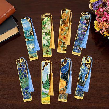 KInsound 8pcs Metal Bookmarks with Tassel, Golden Van Gogh Monet Oil Painting Theme Cute Book Markers for Reading Women, Men, Kids, Book Lovers, Reading Accessories Gifts for Book Lovers