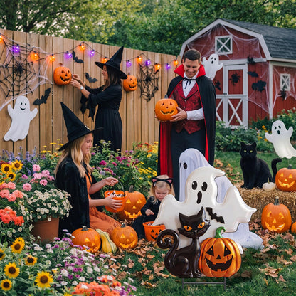 Junkin Halloween Metal Yard Stakes Ghost Black Cat Pumpkin Yard Signs Outdoor Spooky Decorative Garden Stakes Patio Lawn Walkway Backyard Porch Decorations for Scary Halloween Trick or Treat Party