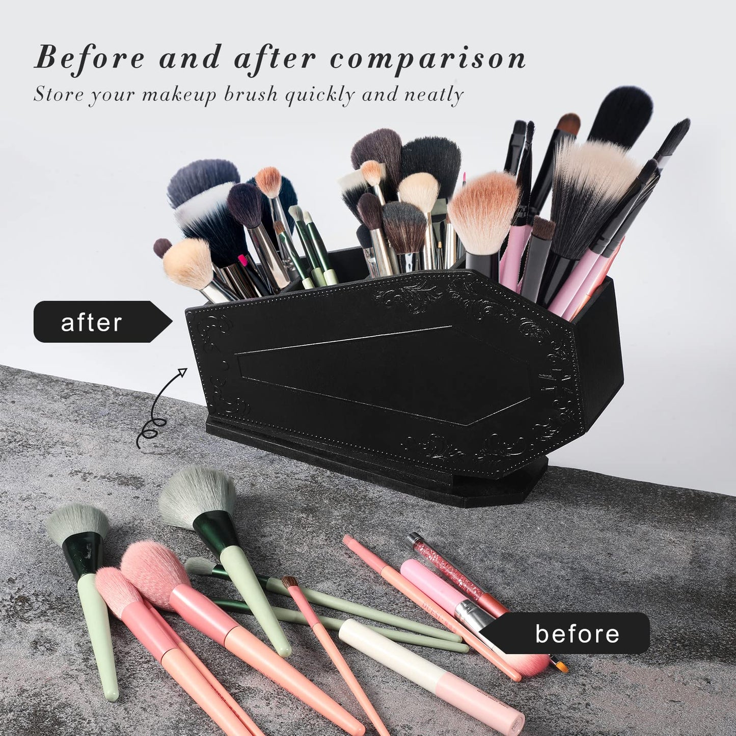 Maitys Coffin Makeup Brush Holder Gothic Wooden Organizer Spooky Coffin Case Gifts for Women Cosmetic Display Cases Spooky Home Office Pencil Brushes Organizer Bathroom Christmas Decor Accessories