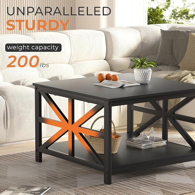 GreenForest Modern Living Room Coffee Table with 2 Tier Storage, Small Square Wood and Metal Farmhouse Center Table with Seamless One-Piece Tabletop, 27.55 Inch, Black
