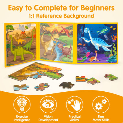 SYNARRY Magnetic Dinosaur Puzzles for Kids Ages 3-5, 20 Pieces Puzzles for Toddlers 4-6, Easter Basket Stuffers Gifts for Kids, Car Airplane Road Trip Activities Magnet Games Toy for Boys Girls