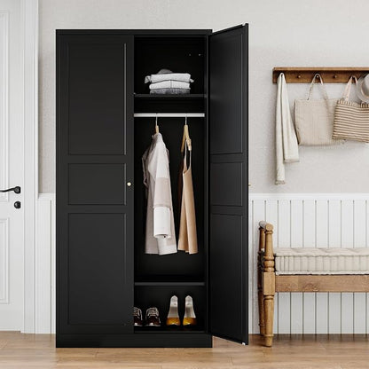 BYNSOE Metal Armoire Wardrobe Closet with 2 Doors 72'' Wardrobe Cabinet with Hanging Rail Metal Closet with Adjustable Shelves for Bedroom Require Assembly (Black, 72inch)