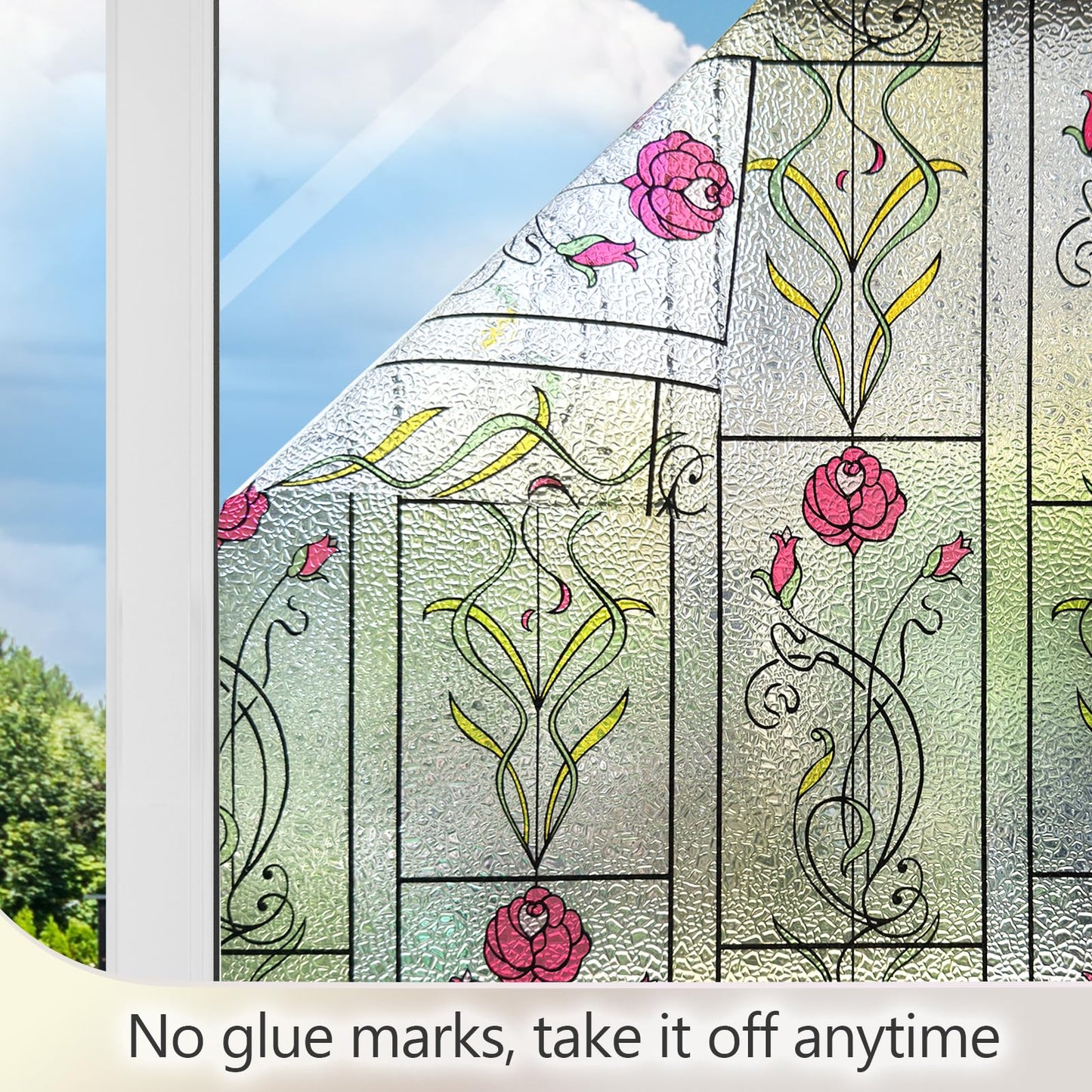 KESPEN WINDOW FILMS Window Privacy Film Stained Glass Frosted Glass Films Decorative Window Film with Rose Flower Static Cling Non-Adhesive Stickers Heat Control for Home, 17.5 Inch X 6.5 Feet