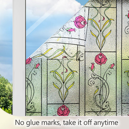 KESPEN WINDOW FILMS Window Privacy Film Stained Glass Frosted Glass Films Decorative Window Film with Rose Flower Static Cling Non-Adhesive Stickers Heat Control for Home, 17.5 Inch X 6.5 Feet