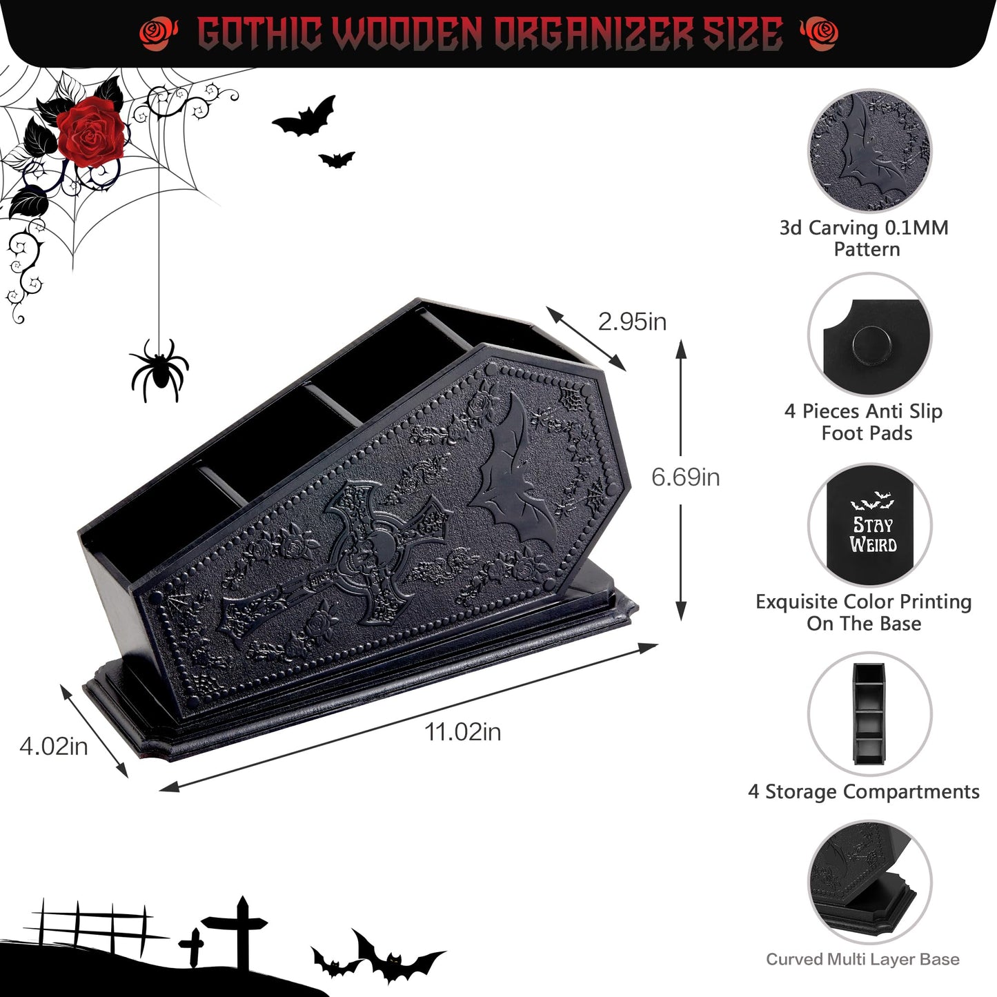 Gothic Coffin Decor Makeup Brush Holder,Spooky Witchy Gifts for Women,Bat Cosmetic Display Cases,Cross Goth Decor Pen Holder, Vanity, Desk, Office Organizer for Christmas Bedroom Bathroom,Black