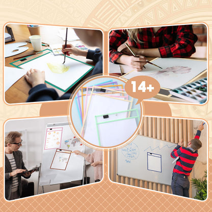 24 Pcs Dry Erase Pocket Reusable Sleeves 10" x 14" Clear Plastic Sheet Protectors with Markers and Mini Dry Erasers for Paper(Advanced Boho)