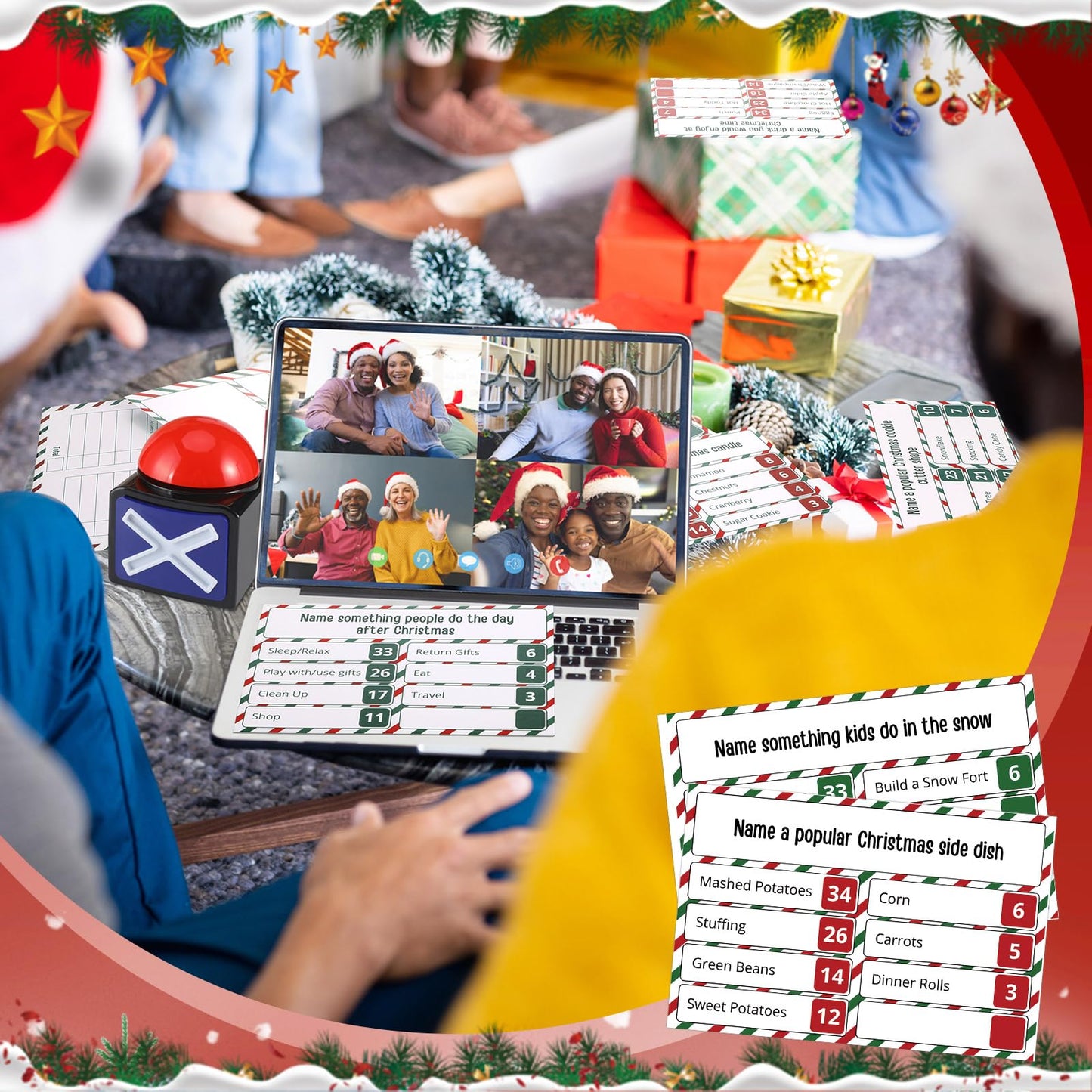 Syhood Christmas Friendly Feud Card Game with 2 Answer Buzzers, Xmas Family Trivia Quiz Game Night, Fun Party Activities for Adults, Office, Classroom, Large Group and Team Building