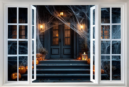 WOOHOOROO Peel and Stick Halloween Fake Window Sticker,Spooky House Scene Wall Decal with Pumpkins and Spider Webs,Removable Self-Adhesive Mural for Home Decor,32" x 48"