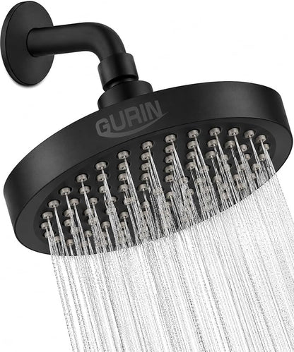 GURIN Shower Head - Powerful High Pressure Rain Shower Head 6 Inch - Luxury Rainfall Showerhead with Adjustable Angles, 90 Anti-Clog Nozzles, Tool-Free 1-Min Install, Premium Matte Black Finish