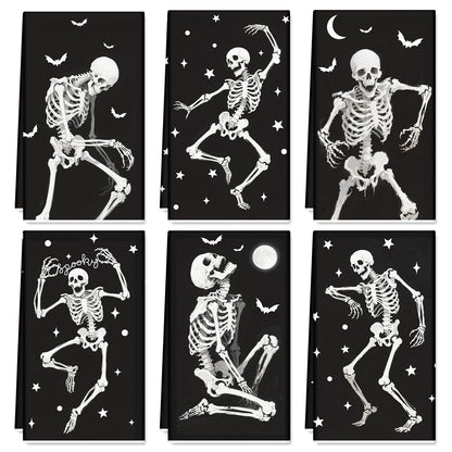 6Pcs Halloween Skeleton Kitchen Towels Spooky Dish Towel 18 x 28 Inch Hand Drying Tea Towel for Cooking Baking Cleaning