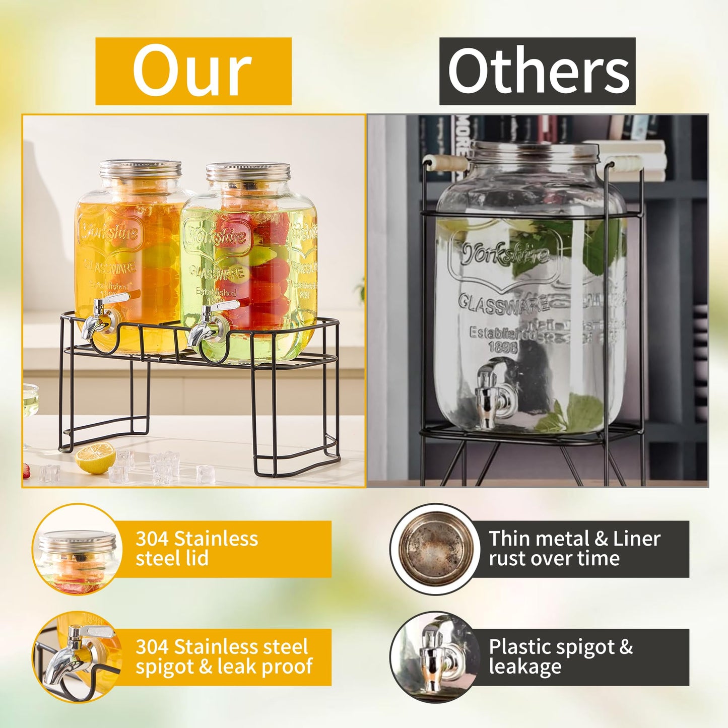 1 Gallon Glass Beverage Dispenser Set of 2 with Stand & Fruit Infuser, Stainless Steel Spigot, Beverage Dispenser for Parties, Weddings, BBQs, Lemonade, Sun Tea, Juice & Cold Drinks