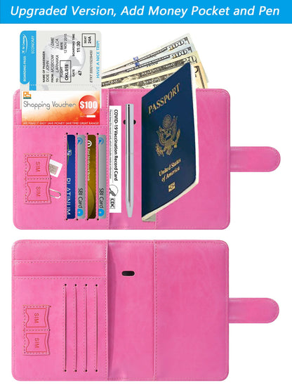 Passport Holder With Luggage Tag Cover Wallet RFID Blocking Leather Case Travel Essentials Accessories Travel Must Have(114#Pink)