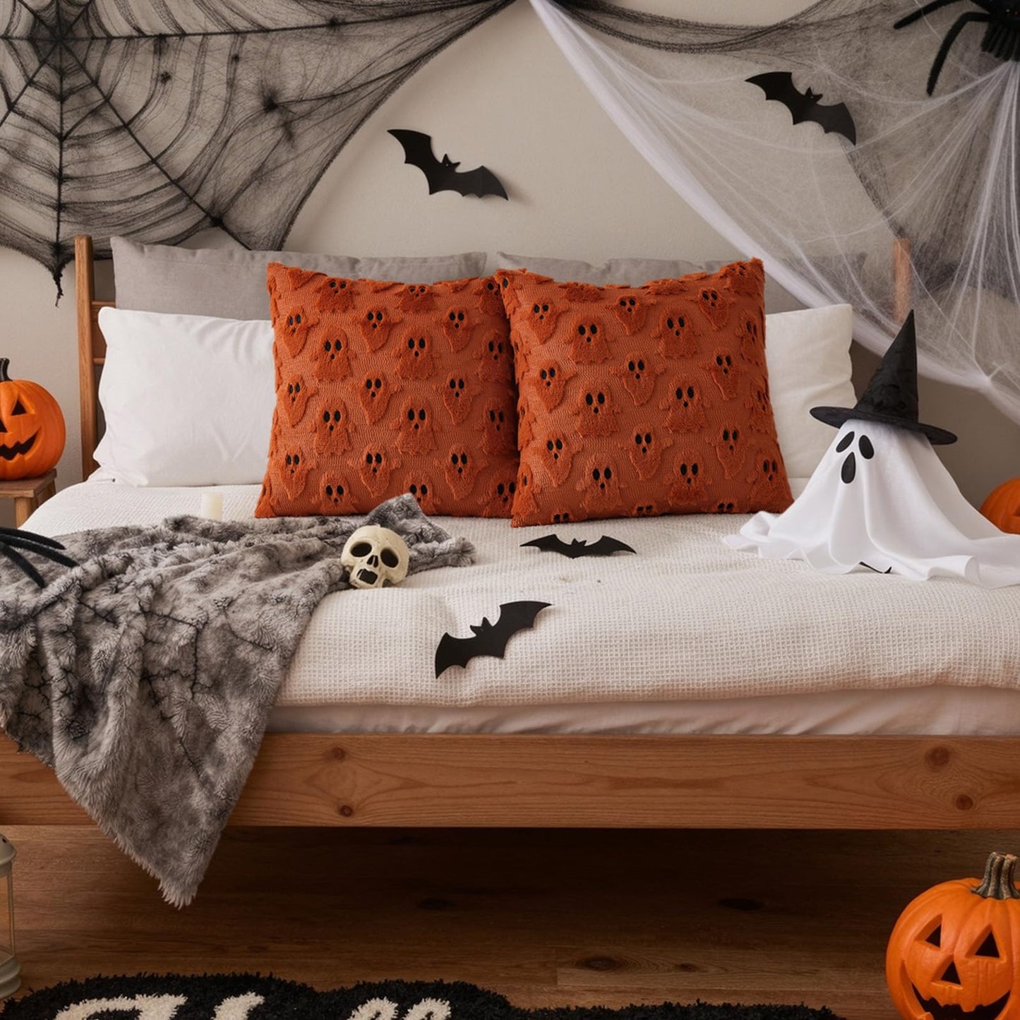 decorUhome Fall Halloween Ghost Pillow Covers 18x18 Inch Pack of 2 Soft Plush Faux Wool Textured Throw Pillow Covers Cute 3D Ghost Decorative Cushion Cases for Couch Sofa Bedroom Home Decor, Rust