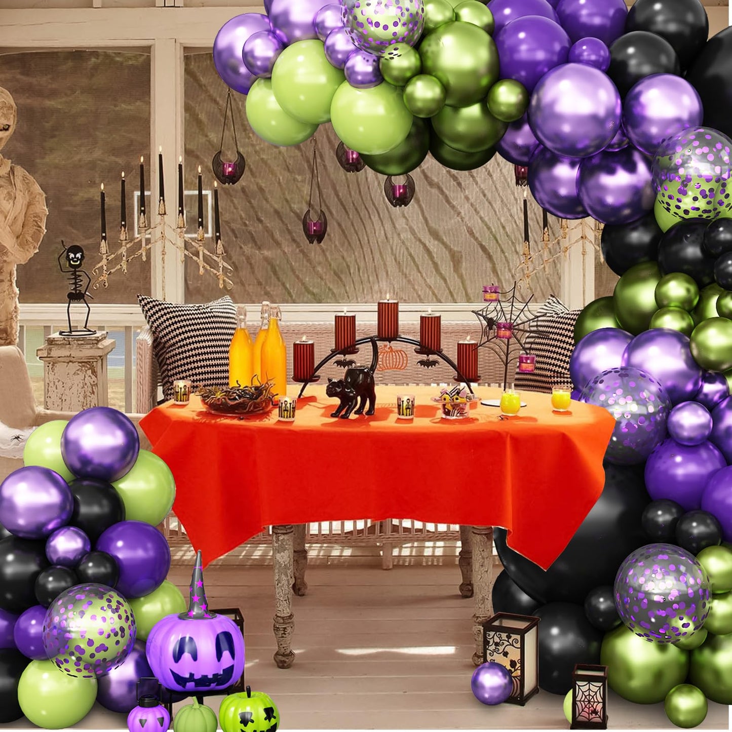 Halloween Balloon Arch Garland Kit, Purple Green Balloon Arch with Purple Confetti Balloons, Black Green Metallic Latex Balloons Set for Halloween Party Decorations