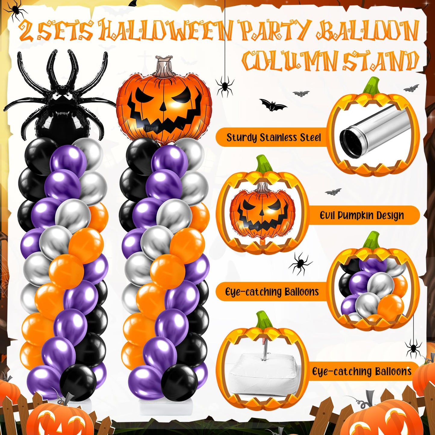 Kasyat 2 Sets Halloween Balloon Column Stand Kit with Scary Pumpkin Spider Foil Balloon Orange Purple Black Silver Arch Garland Kit for Spooky Birthday Party Halloween Theme Decoration
