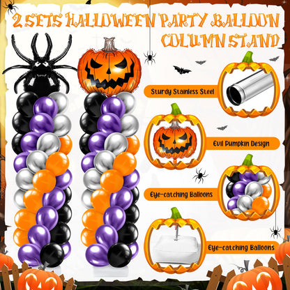 Kasyat 2 Sets Halloween Balloon Column Stand Kit with Scary Pumpkin Spider Foil Balloon Orange Purple Black Silver Arch Garland Kit for Spooky Birthday Party Halloween Theme Decoration