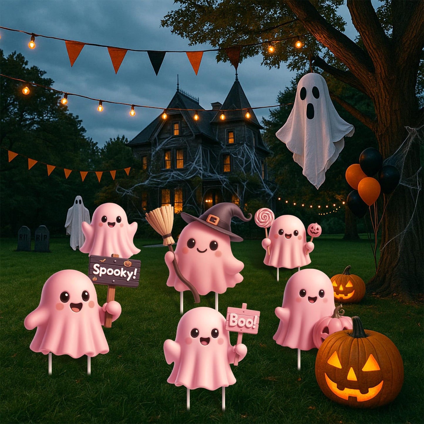 DoubleFill 6 Pcs Halloween Ghost Yard Signs Lawn Outdoor Decorations 3D Ghost Yard Stakes for Halloween Home Front Yard Garden Party Supplies (Pink)