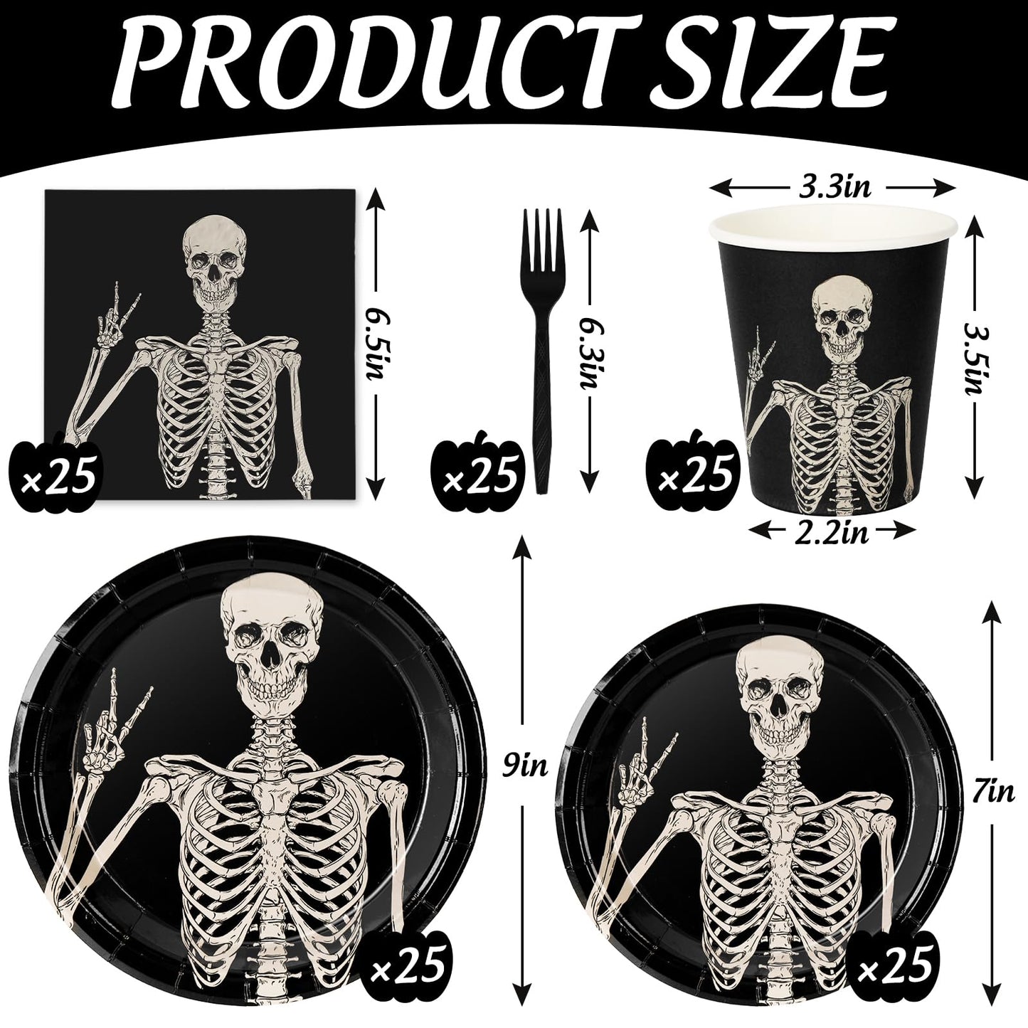 JarThenaAMCS Halloween Tableware Set Smiling Skeleton Disposable Party Supplies Black 9 &7 Inch Paper Plates 6.5 Inch Napkins Cups and Cutlery for 25 Guests
