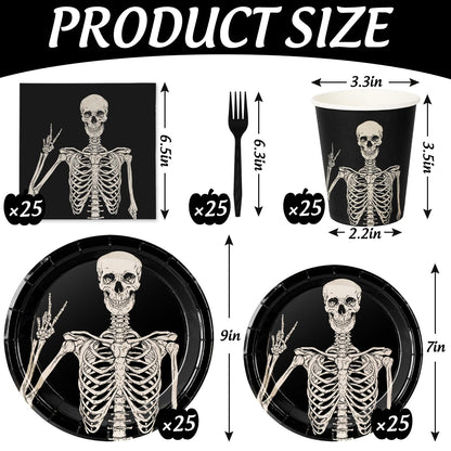 JarThenaAMCS Halloween Tableware Set Smiling Skeleton Disposable Party Supplies Black 9 &7 Inch Paper Plates 6.5 Inch Napkins Cups and Cutlery for 25 Guests
