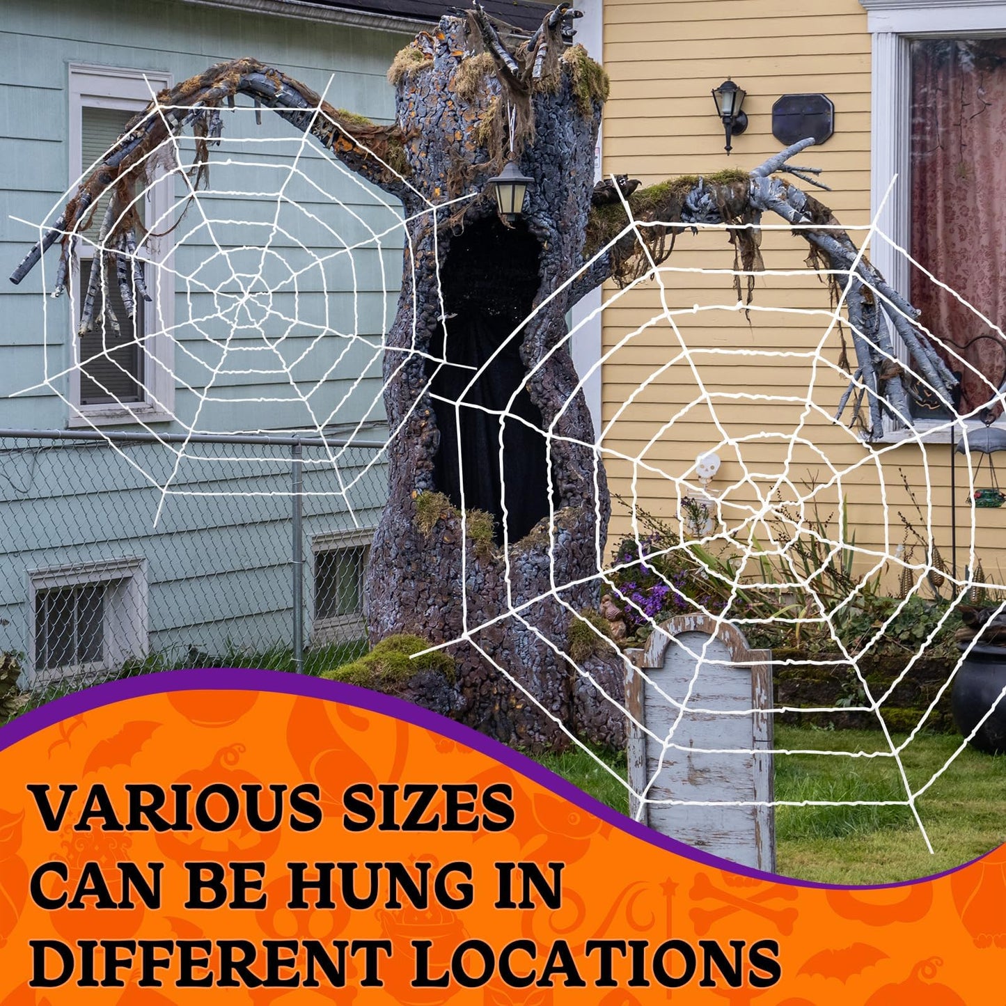 1.5M 2.5M 3.3M Spider Web 3 Pieces Large Halloween White Spider Web Decoration Scary Realistic Spider Web Rope Props with Elastic Rope for Halloween Yard Room Wall Window Door Haunted House Decoration