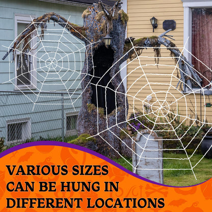 1.5M 2.5M 3.3M Spider Web 3 Pieces Large Halloween White Spider Web Decoration Scary Realistic Spider Web Rope Props with Elastic Rope for Halloween Yard Room Wall Window Door Haunted House Decoration