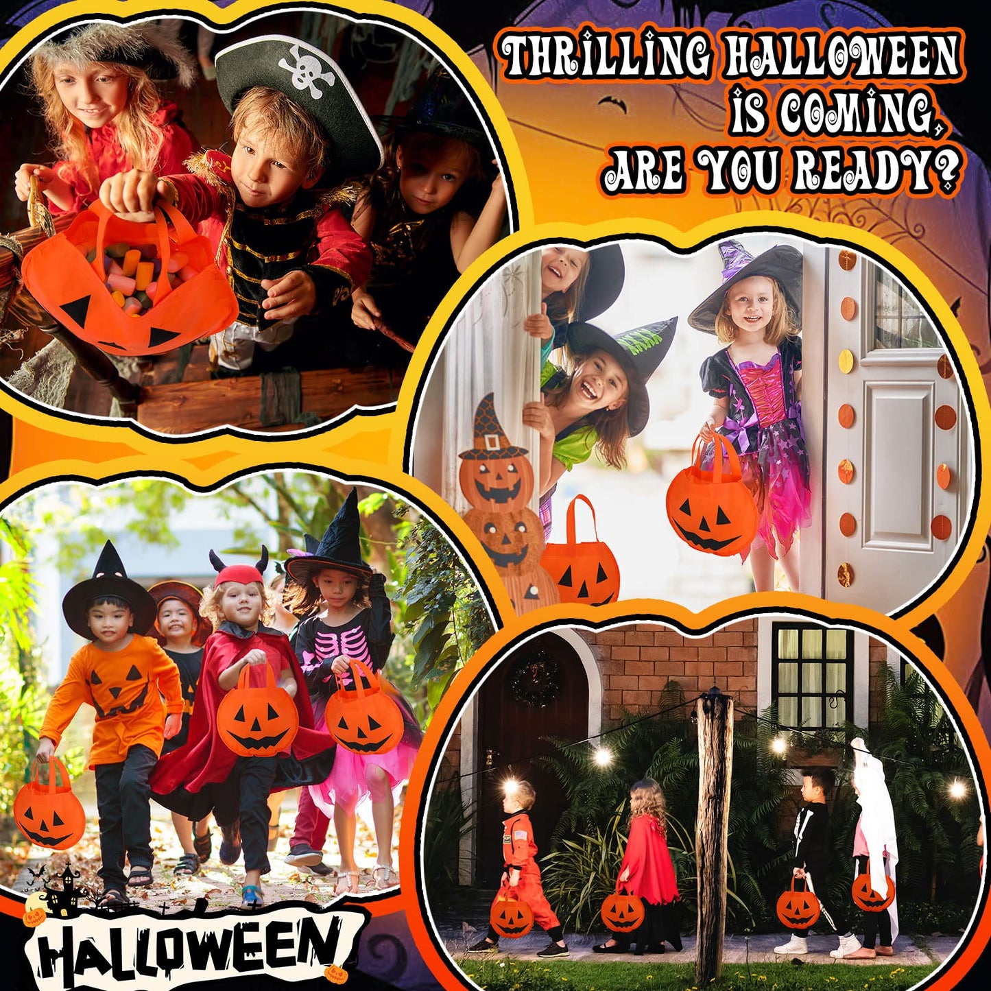 Cunno 24 Pcs Halloween Pumpkin Bags 11.8 x 9.8 Inches Non Woven Trick or Treat Bags Pumpkin Face Candy Goody Tote Gift Bucket Bag with Handles for Halloween Party Favors Supplies