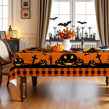 Hexagram Halloween Tablecloth Rectangle 60 x 84 inches, Ghost Pumpkin Plaid Table Cloth, Halloween Decor, Black Castle Tablecloth, Washable Orange Table Cloth for Party Picnic Dinner Decor