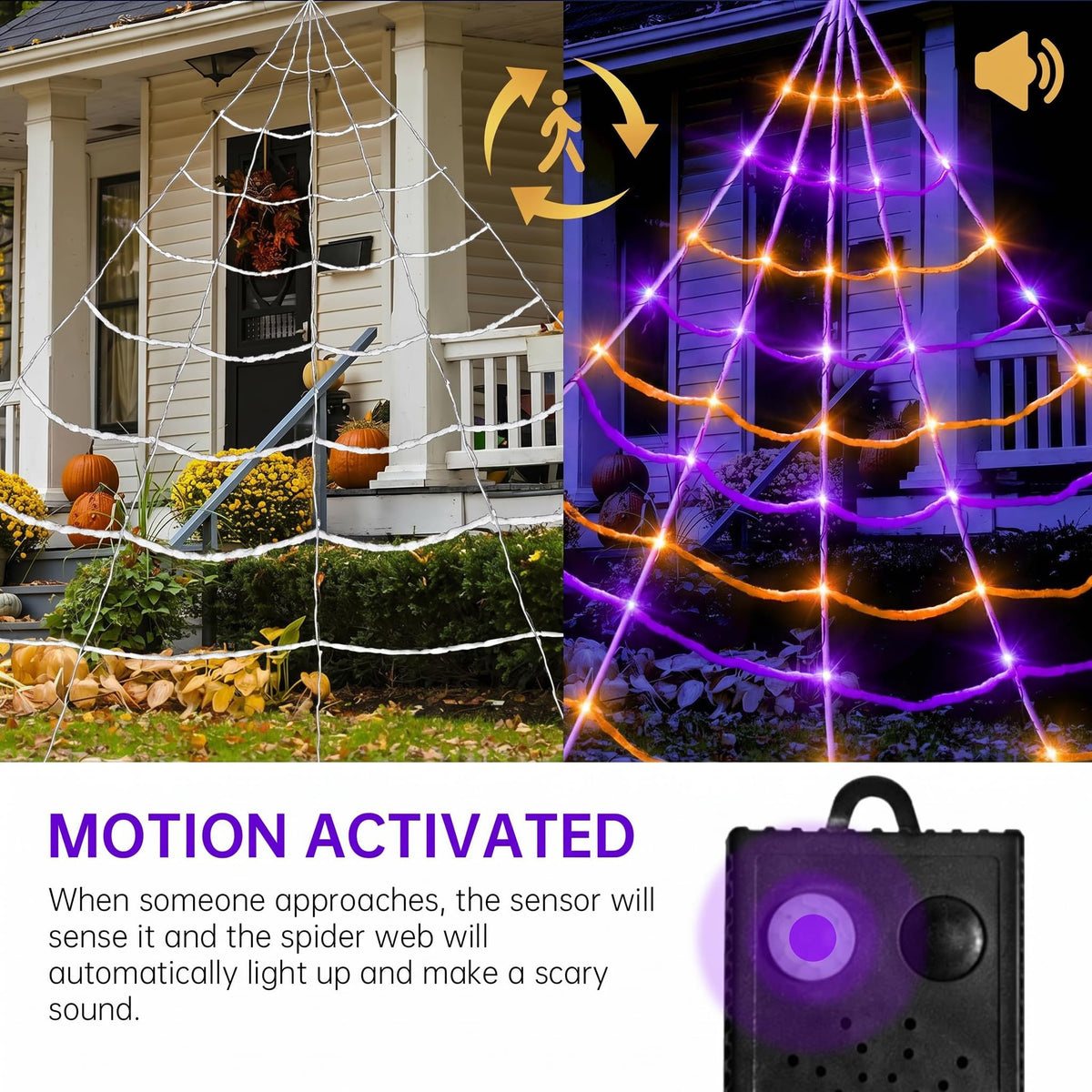 [Motion Activated Lighting&Speaking] 20 * 17FT Halloween Spider Web 150 Led Purple&Orange Lights Light Up Lighted Triangular Giant Waterproof with 200sqft Cobweb for Outdoor Decor Yard Decoration
