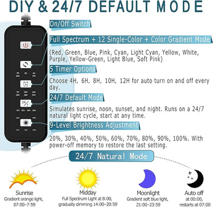 24/7 LED Aquarium Light with Remote for 18-24 Inch Plant & Fish Tank IP68, 12-Color & Gradient & Full Spectrum Light with Timer, Auto On/Off, Brightness, Extendable Brackets for Freshwater