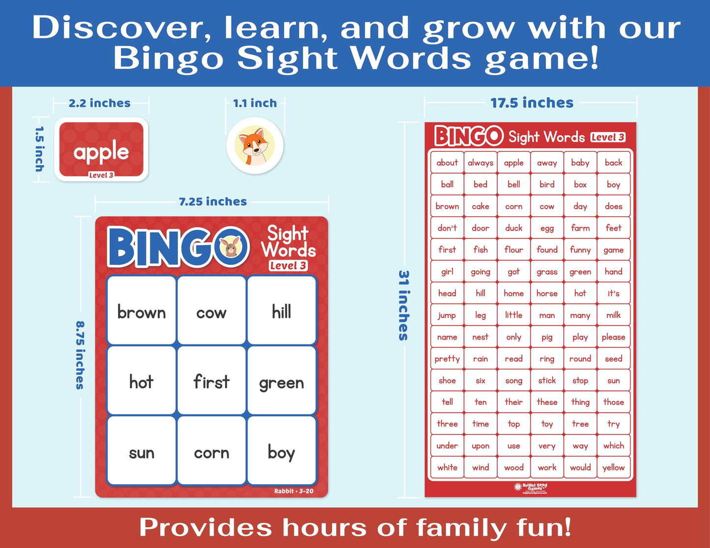 Bright Seed Sight Words Bingo Game for Kindergarten, Learn to Read Sight Word Cards, Word Games for Kids Ages 4-8, Bingo Sight Words Level 3&4, Laminated for Easy Clean