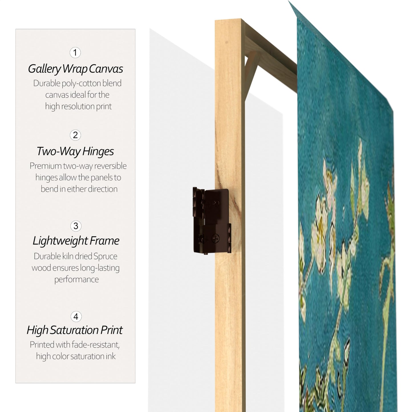 Red Lantern Double Sided Works of Van Gogh Canvas Folding Screen - Almond Blossoms/Wheat Field, 6 ft Tall - 4 Panel