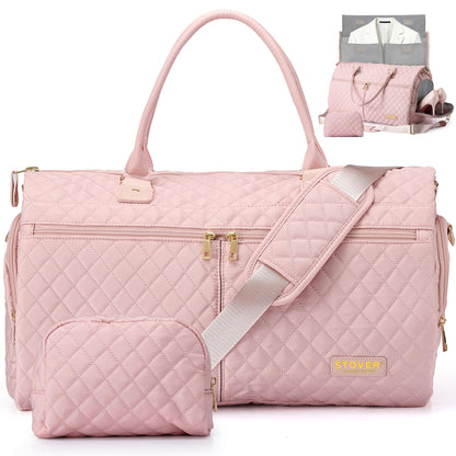 STOVER Women’s Convertible Garment Duffel Bag for Travel – 2-in-1 Carry-On Weekender/Overnight Tote - Wrinkle-Free Dresses, Suits & Clothes + Shoe Compartment & Bonus Toiletry Bag (Blush Pink)