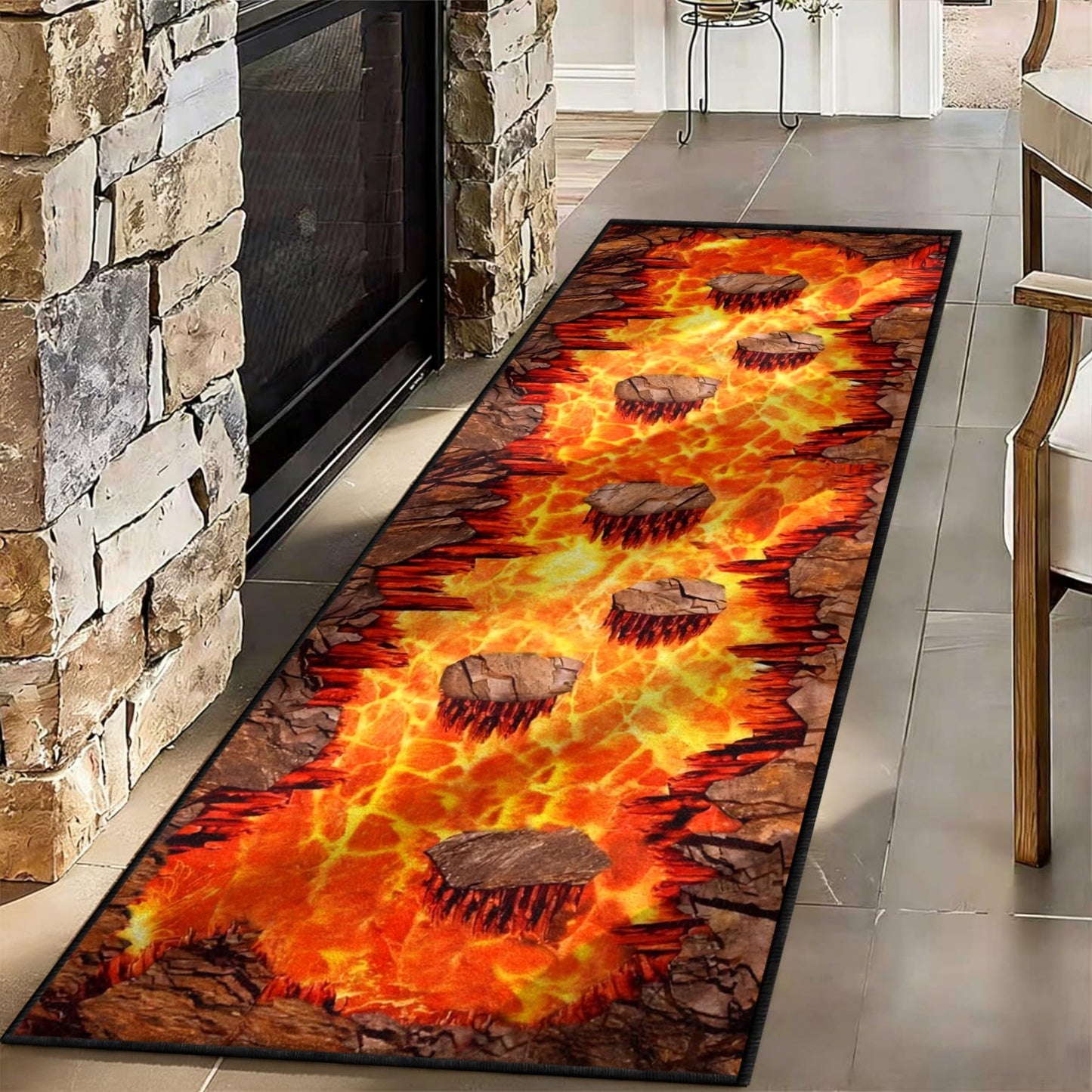 3D Optical Illusion Flame Runner Rug, 1.3x7ft, Abstract Lava Long Kitchen Rugs,Retro Rock Cracks Print Laundry Room Runner Rug, for Entryway Indoor Bedroom Runner Rugs