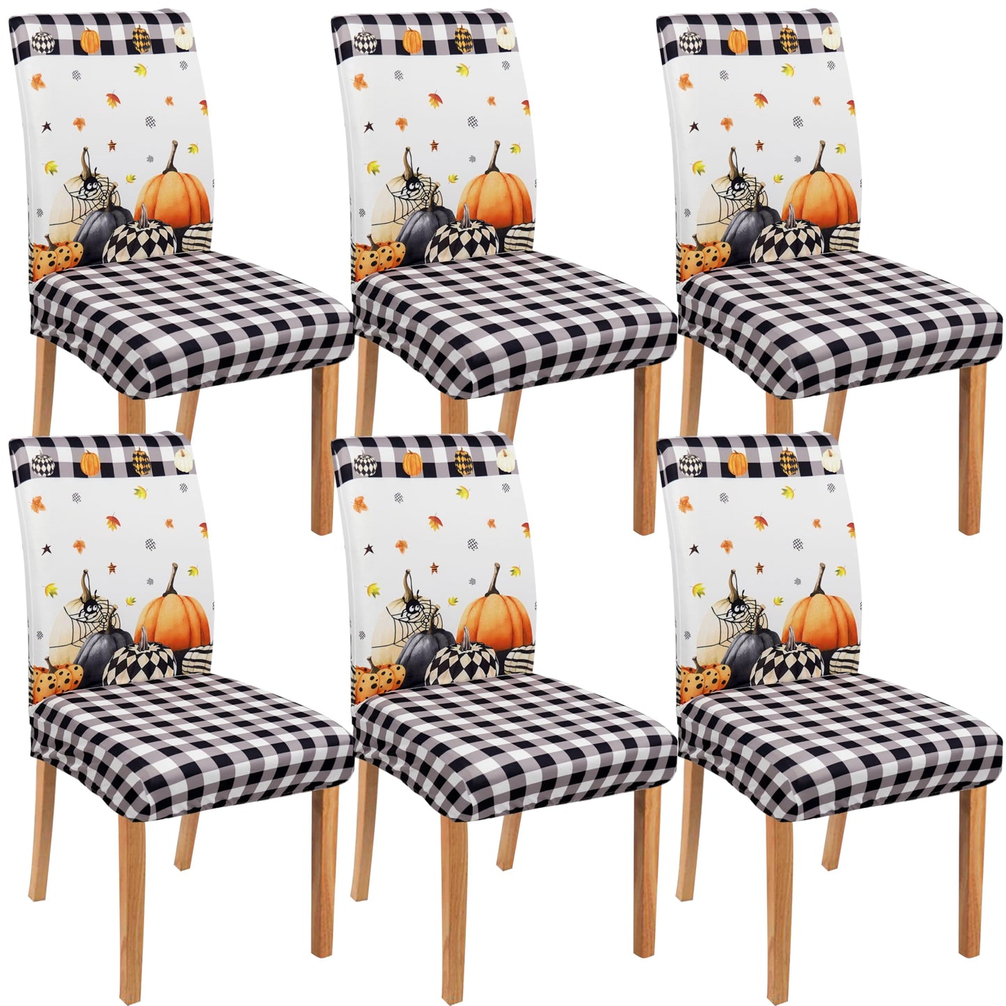 Wscdovf Halloween Chair Covers Set of 6, Fall Pumpkin Black/White Buffalo Plaid Chairs Slipcover for Dining Room, Removable Washable Breathable Cover in The Kitchen Restaurant Holiday Decor