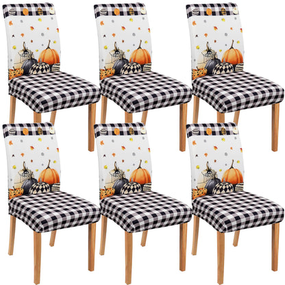 Wscdovf Halloween Chair Covers Set of 6, Fall Pumpkin Black/White Buffalo Plaid Chairs Slipcover for Dining Room, Removable Washable Breathable Cover in The Kitchen Restaurant Holiday Decor