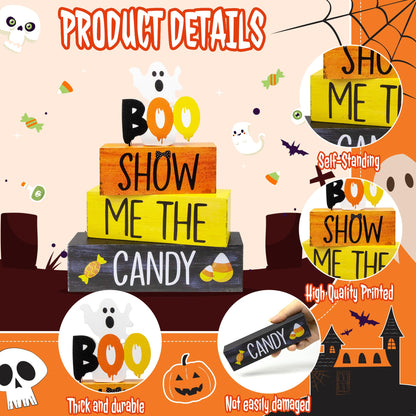 4 Pcs Halloween Wooden Tiered Tray Decor, Show Me the Candy Decorations Gifts for Home, Halloween Table Centerpiece for Fall Party Kitchen