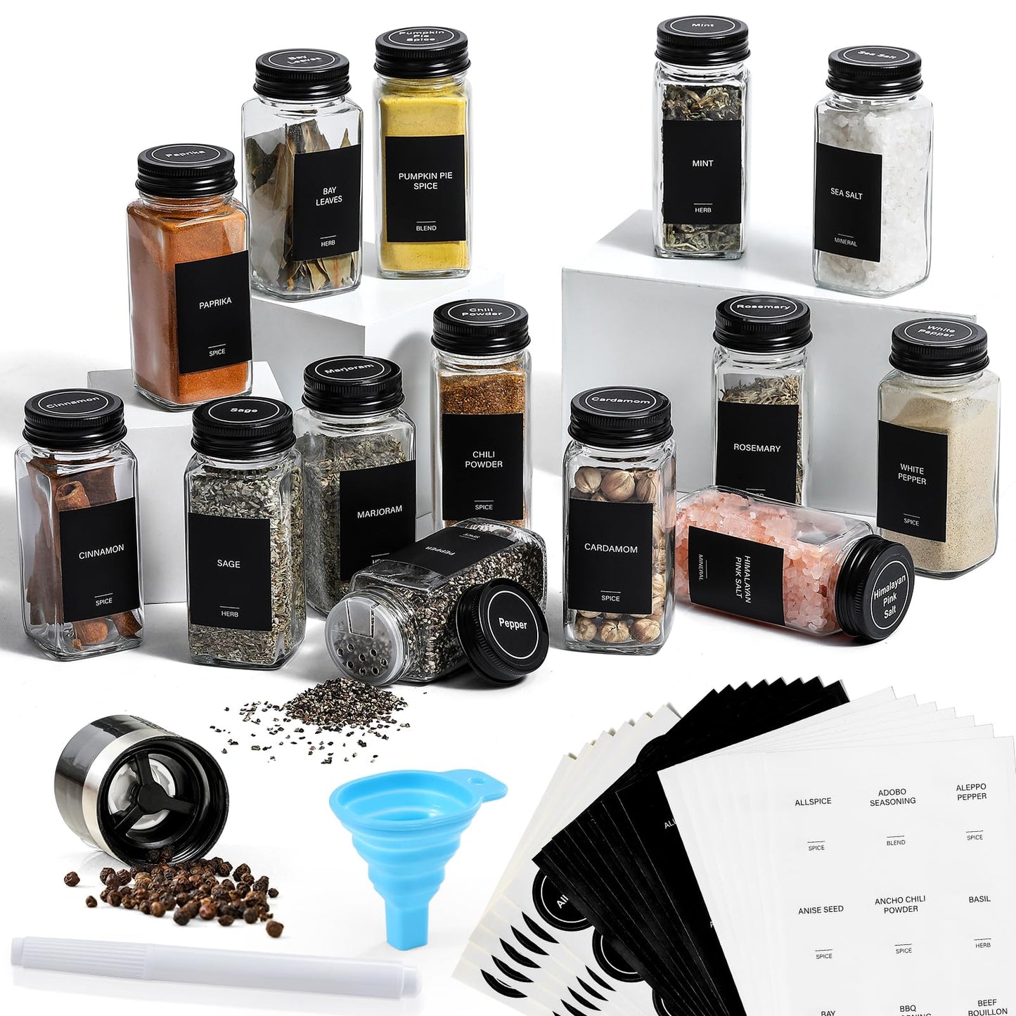 AOZITA 14 Pcs Glass Spice Jars with Spice Labels - 4oz Empty Square Spice Bottles - Shaker Lids and Airtight Metal Caps - Chalk Marker and Silicone Collapsible Funnel Included
