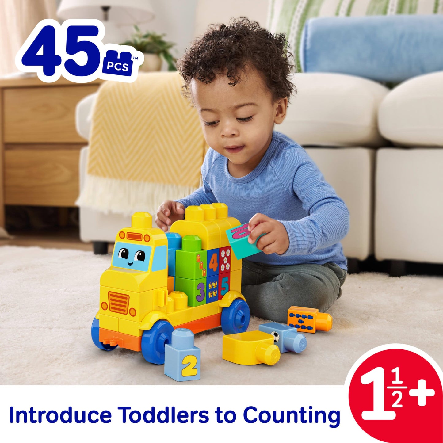 MEGA BLOKS First Builders Toddler Block Toys Set, Build & Count Bus 45 Pieces, Learn Numbers and Counting, Yellow, Ages 1+ Years
