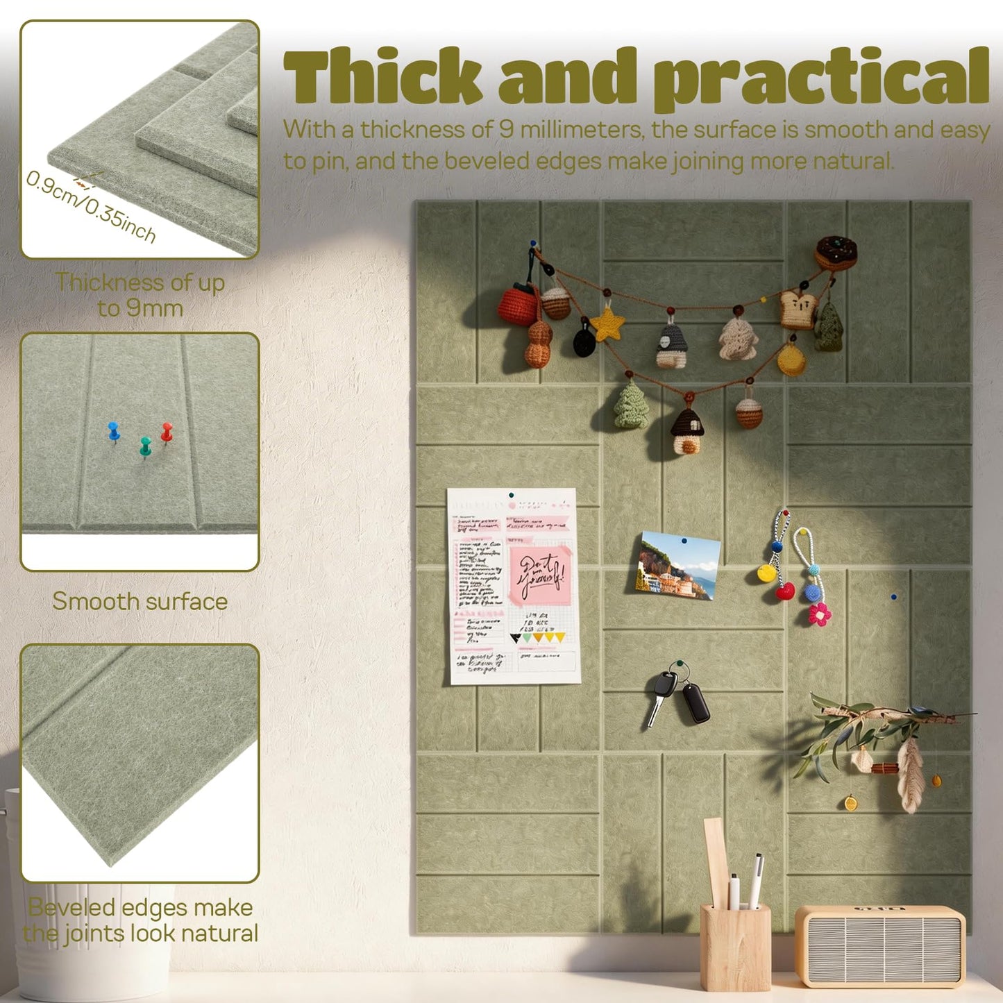12 Pack Felt Bulletin Board Tiles - Modular Wall Panels (9.45"x9.45" Each), 0.35" Extra Thick Cork Board Alternative with Adhesive Tabs & Push Pins for Office Decor (Sage Green)