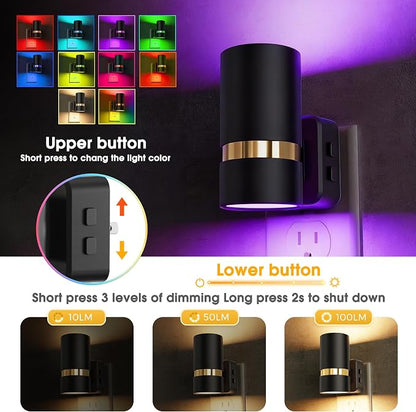 L LOHAS LED Night Light, 10-Color Changing Night Light with 180° Rotatable Plug, RGB Nightlight with Dusk to Dawn Sensor, Adjustable Brightness, Plug in Nightlight for Kids Bedroom Decor, 2 Pack