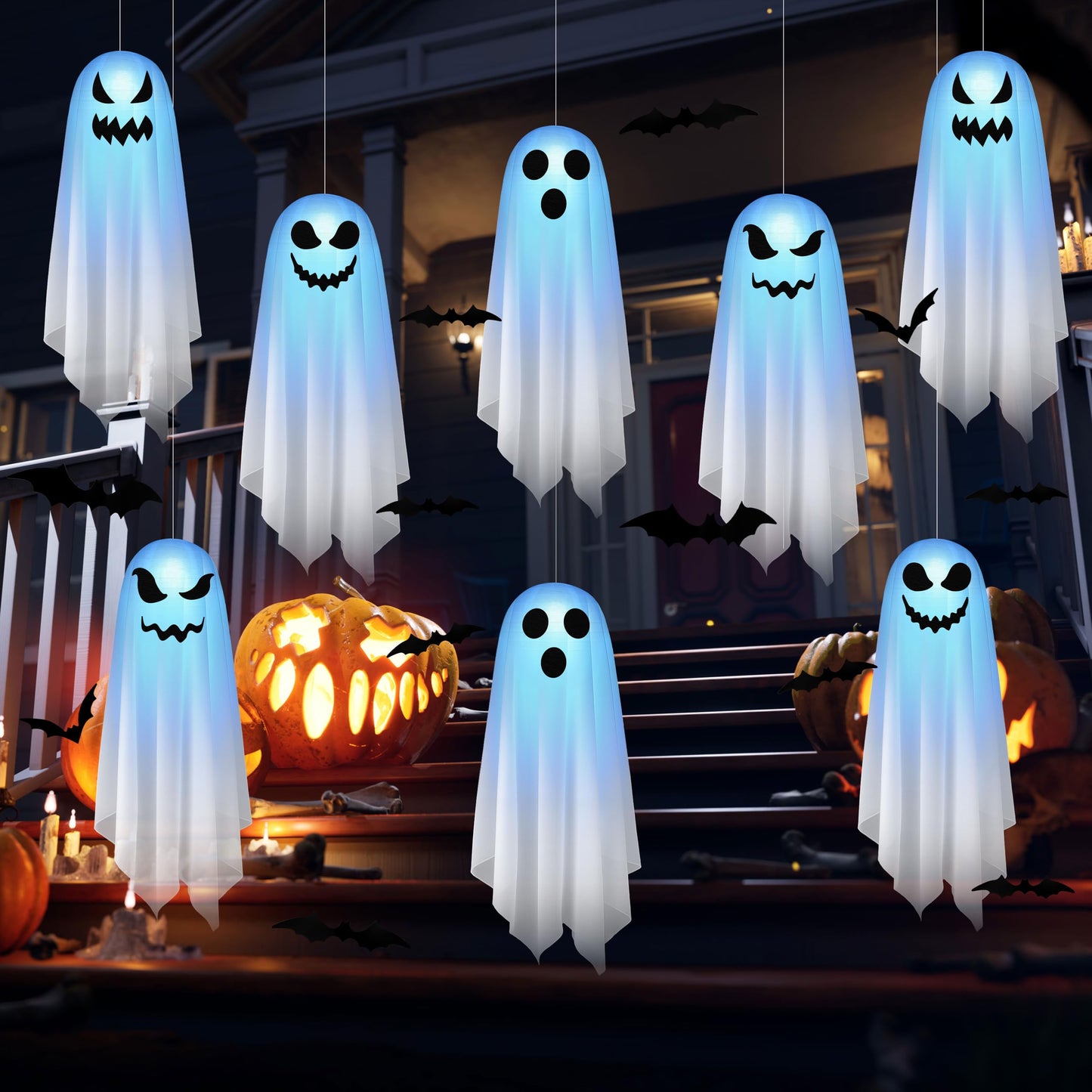 Renbuzhu 8Pcs Halloween Ghost Decorations Light up Hanging Paper Lanterns - Summerween Tree Spooky Decor for Outdoor Home Garden Patio Indoor(No Battery)