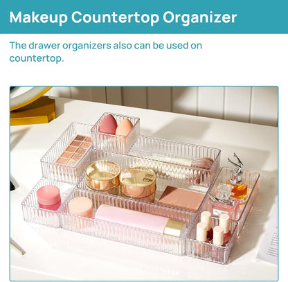 Vtopmart 7 PCS Clear Drawer Organizers Bins, 4-Size Stackable Makeup and Vanity Drawer Organizer Trays, Acrylic Bathroom Drawer Storage Containers for Cosmetic, Office Supply, Kitchen Utensils Gadgets