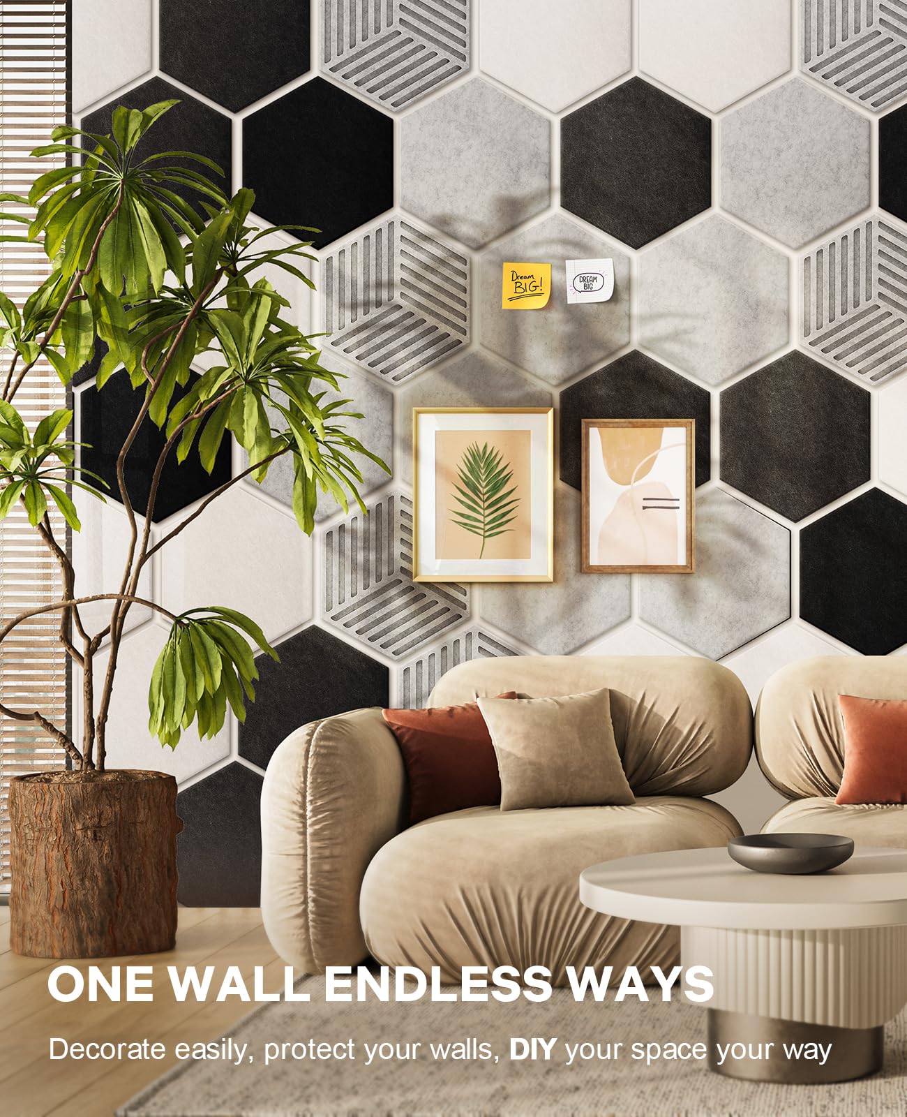 Hexagon Large Cork Bulletin Board Tiles, Peel and Stick Felt Wall Panels for Vision, Message Center, Picture and Prayer Board for Office, Dorm, Room and Desk Decor(Concrete Echo)