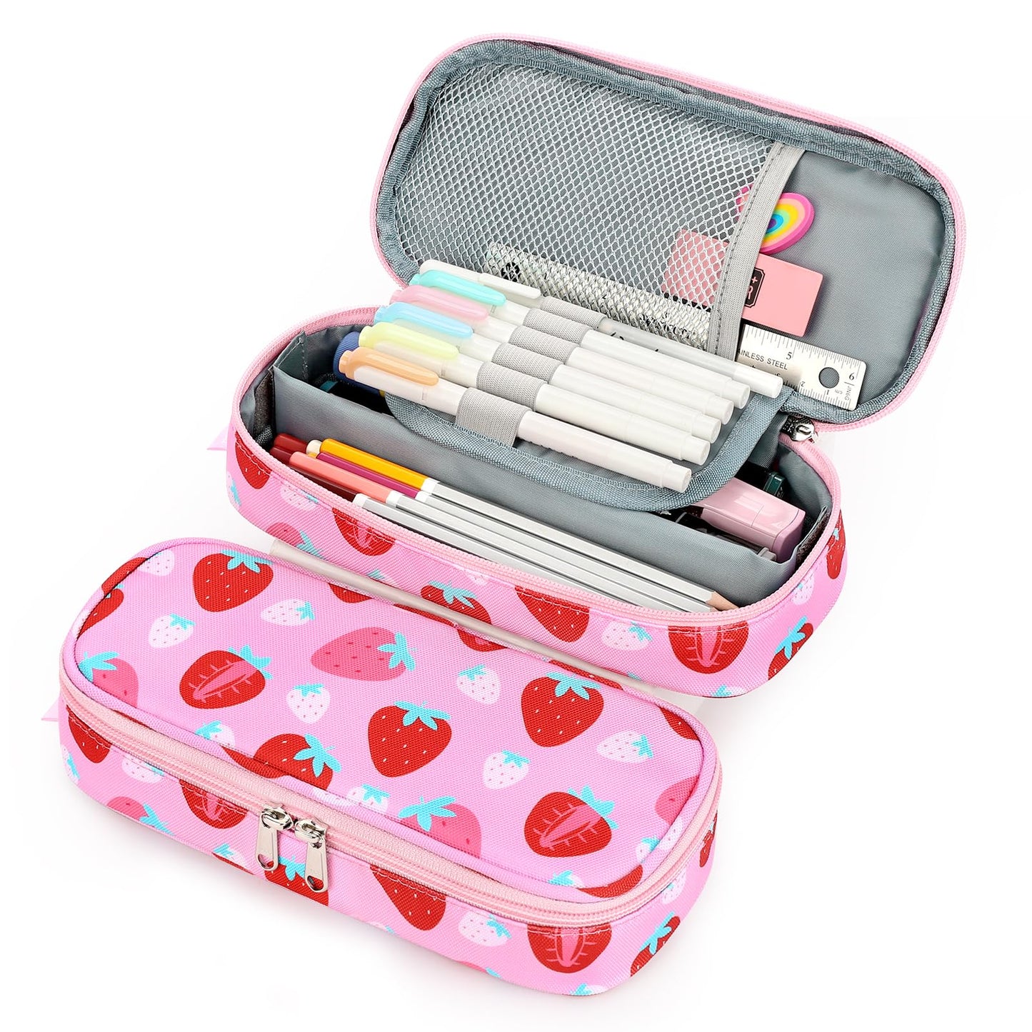 mibasies Girls Pencil Case for Kids, Multi-Slot Pencil Pouch, Assorted Strawberry Red