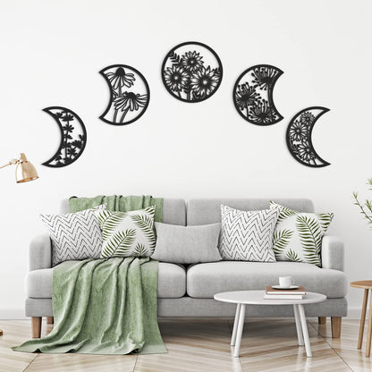 Jetec 5 Pcs Moon Phase Wall Art Decor Wall Pediments Hanging Wooden Phase Spiritual Bedroom Nordic Boho Lunar Aesthetic Art for Living Room Dorm Apartment Ornament (Black)