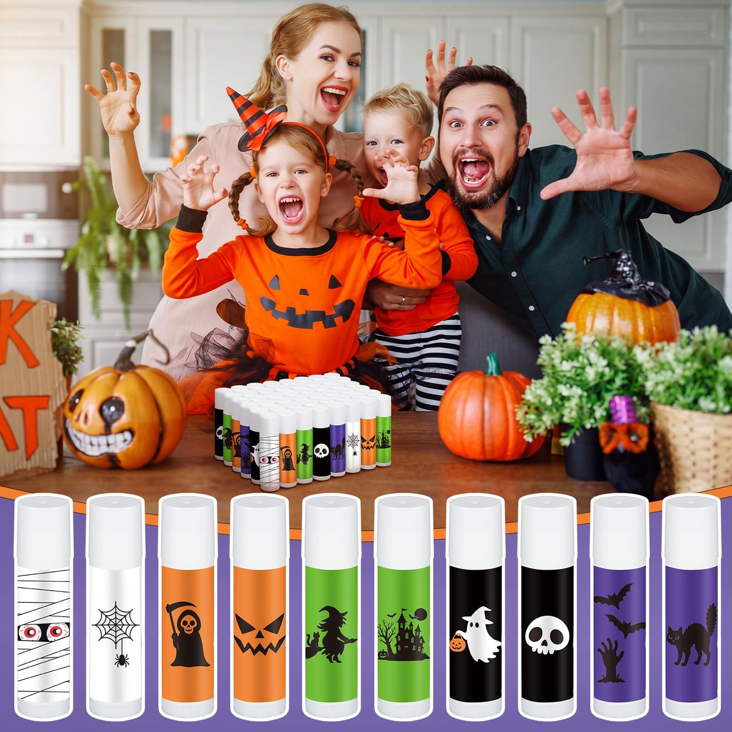Siifert 20 Pcs Halloween Lip Balm Gifts Bulk Mummy Witch Ghost Black Cat Skull Lip Balm Favors 10 Styles Honey Flavor Spooky Party Supplies Halloween Treat Goodie Bag Stuffers for Adults Women Men