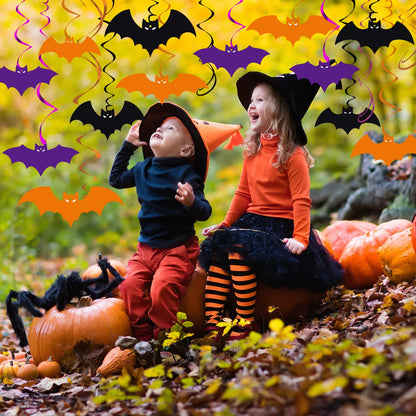 YQUQWN 46 PCS Halloween Bat Hanging Swirl Decorations Black Orange Purple Flying Vampire Bat Ceiling Decor for Kids Halloween Party Door Office Party Supplies