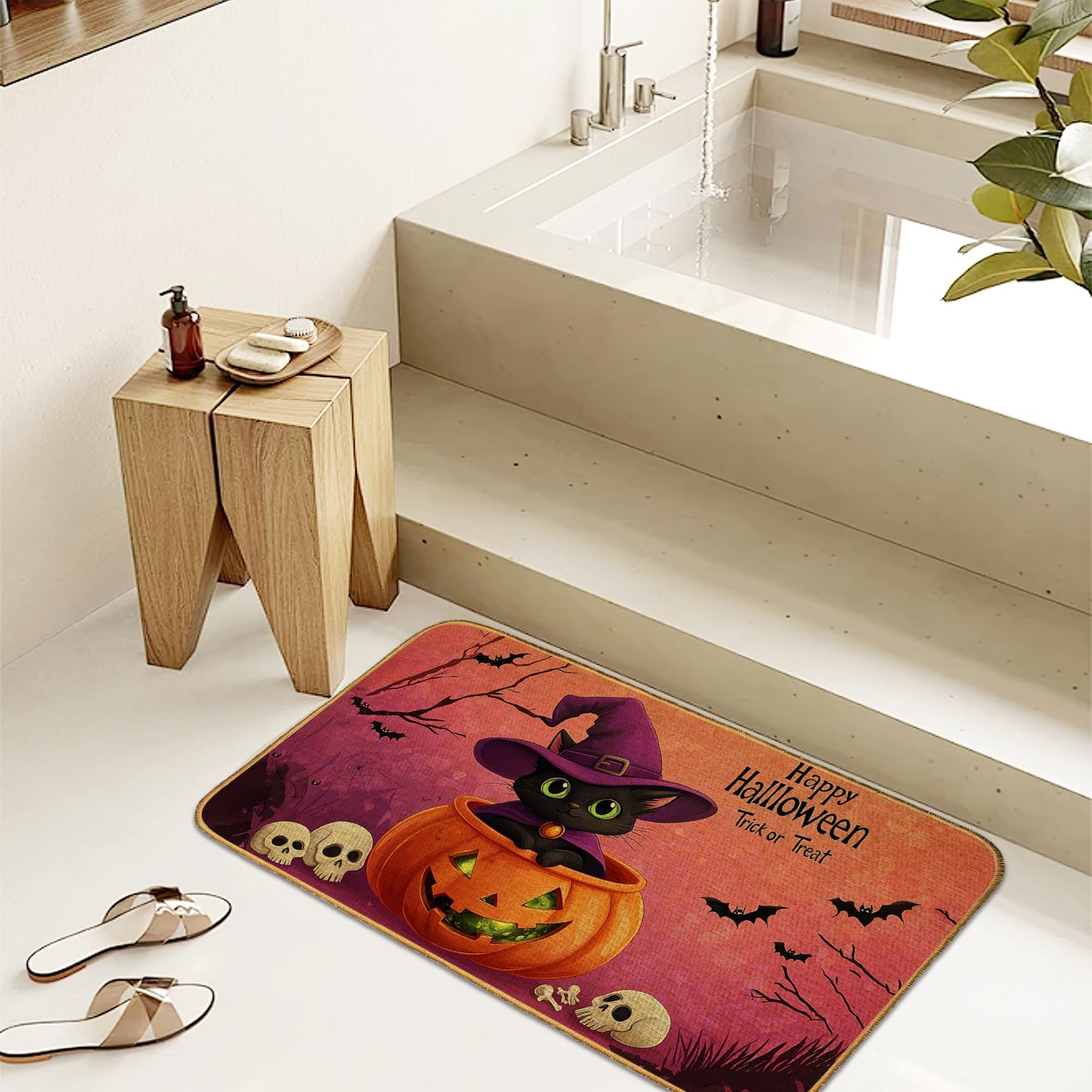 Doormat Black Cat Skull Front Door Mat Indoor Outdoor Entrance,Halloween Pumpkin Bat Door Mat Waterproof Low Profile All-Season,Easy Clean Patio Porch Entryway Floor Rug 17x29 Inch