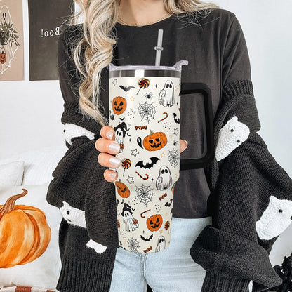 Ceovfoi 40 oz Halloween Pumpkin Tumbler Insulated Stainless Water Bottle Travel Coffee Cup, Water Bottle - Goth Ghost Witch Decor Gift for Women