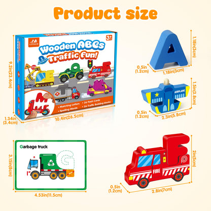 Vanmor Wooden Vehicle Alphabet Puzzle for Toddlers, Traffic ABC Letter Sight Words Matching Game with 52 Blocks and Flash Cards, Spelling Game Toys, Kindergarten Preschool Learning Activities